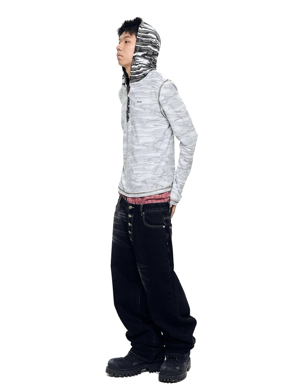 【AAKAM】Camo Contrast Hooded Long Sleeve