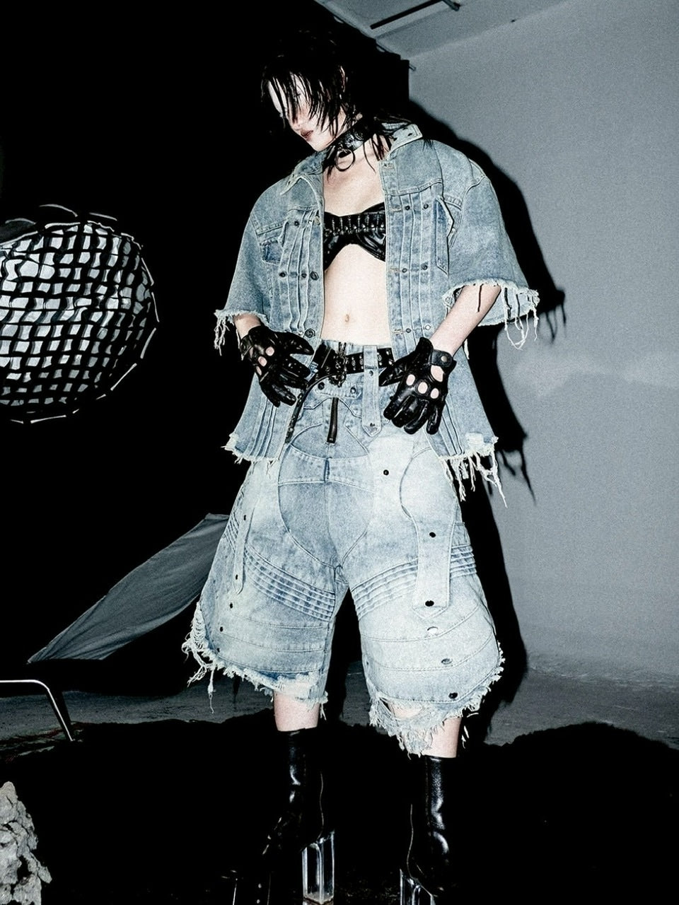 1/2 20:00再販【RICH】Knight Wide Waxed Short Pants/ 【リッチ】デザインデニムダメージハーフパンツ