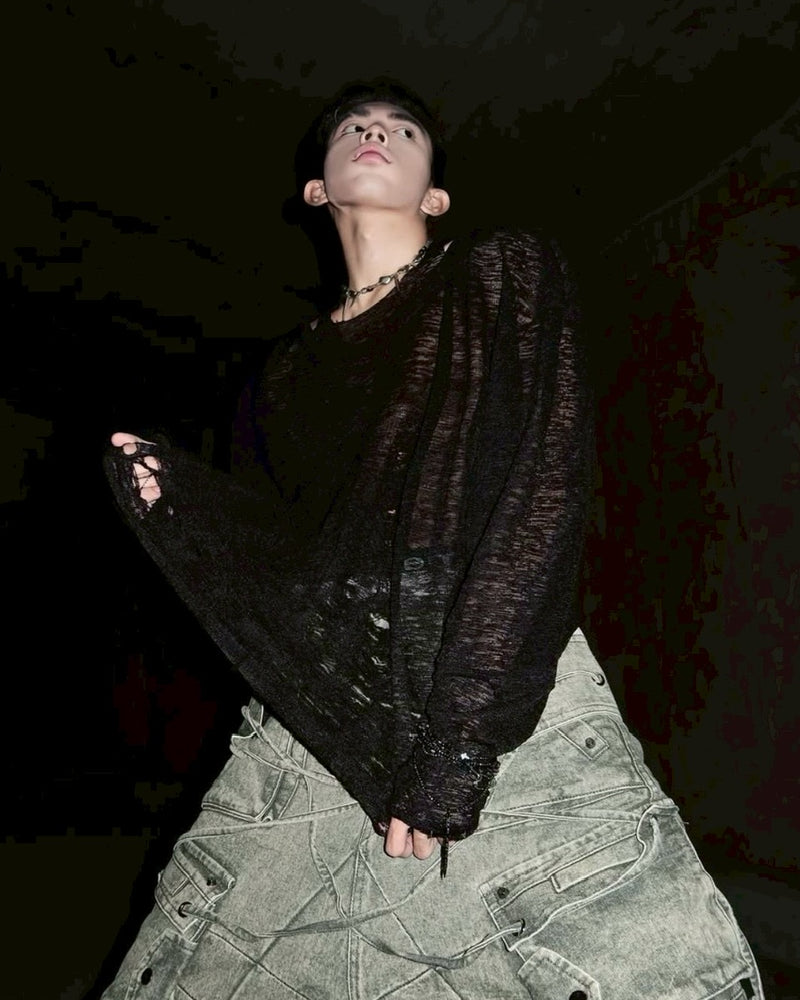 1/2 20:00再販【RICH】Ripped Over Knit Top / 【リッチ】シースルーオーバーサイズ長袖ニット