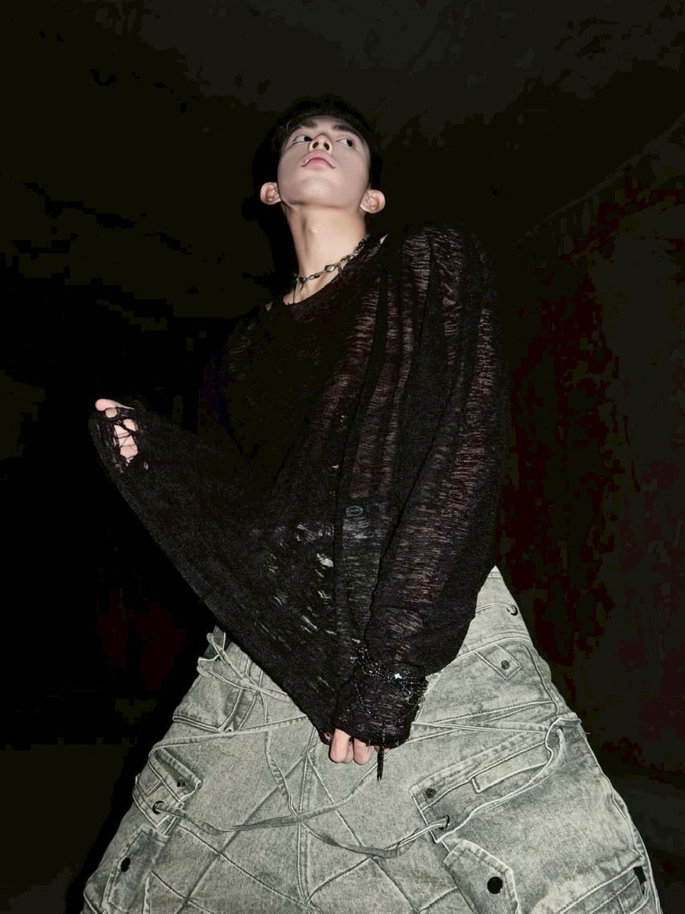 1/2 20:00再販【RICH】Ripped Over Knit Top / 【リッチ】シースルーオーバーサイズ長袖ニット