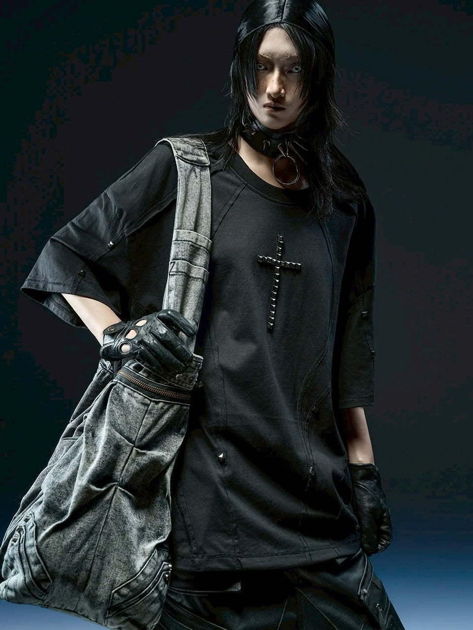 【RICH】Riveted Cross Over T-shirt / 【リッチ】リベットクロスオーバーサイズ半袖Tシャツ