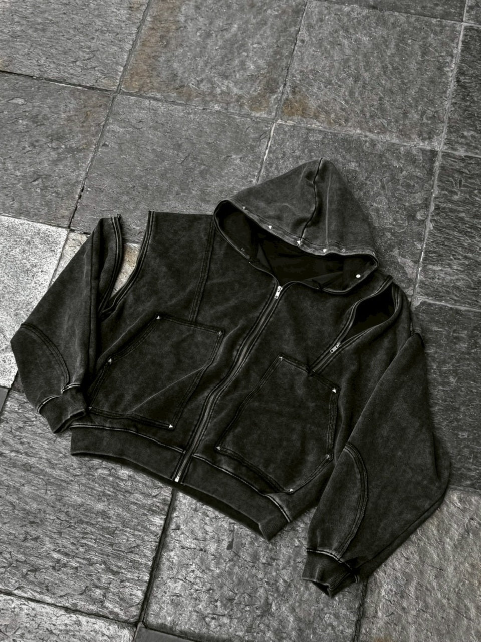 【Never mind the XU】studs washing zip up hoodie / 【ネバーマインドザエックスユー】スタッズウォッシングジップパーカー