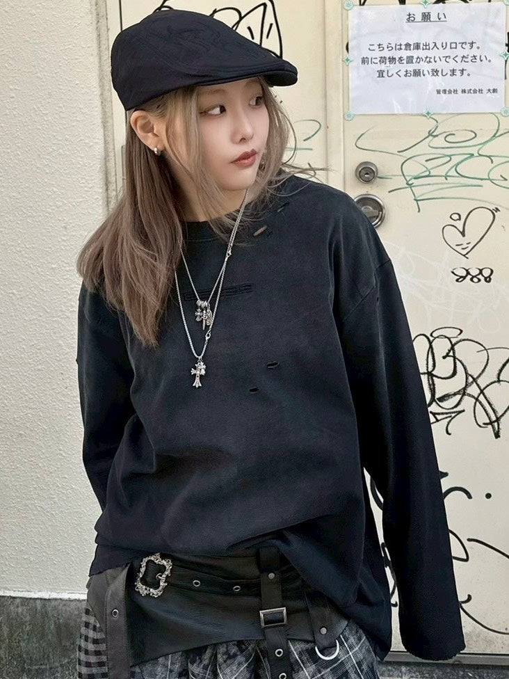 【Never mind the XU】damage washed long sleeve / 【ネバーマインドザエックスユー】ダメージウォッシュ長袖Tシャツ (3color)