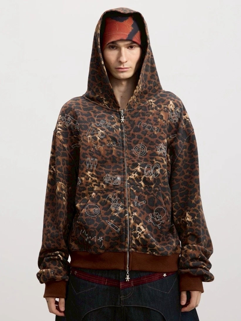【DND4DES】Cartoon Rhinestone-Studded Leopard Print Zip Hoodie /【ディーエヌディーフォーデス】ラインストーンレオパードプリントジップアップパーカー