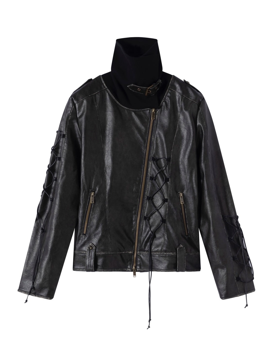 【Cest Nous】Lace-up Non-leather Jacket / 【セヌー】ハイネックコーティングレースアップジャケット