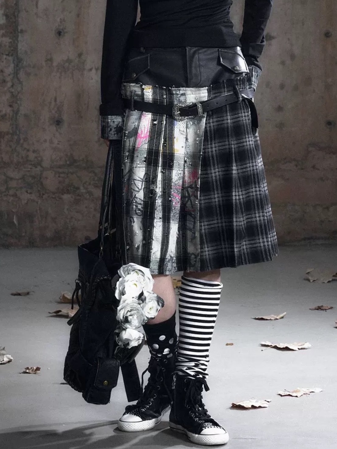 【Cest Nous】Plaid Pleated Skirt / 【セヌー】レイヤードデザインベルトプリーツスカート