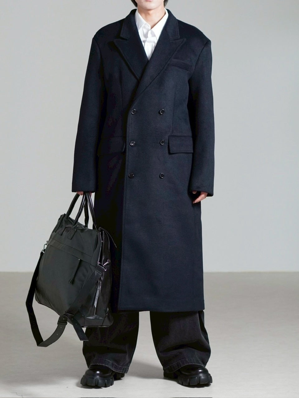 受注制【Chikashitsu +】overfit cashmere blend double long coat / 【チカシツプラス】オーバーフィットカシミヤブレンドダブルロングコート (3color)