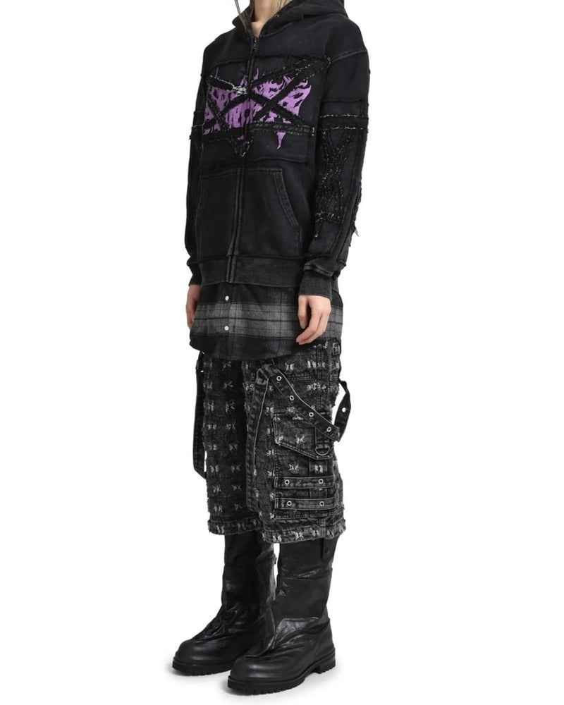 【Reckless Scholars】PENT PATCH FLANNEL HOODIE / 【レックレス スカラーズ】フロントデザインレイヤードウォッシュジップパーカー