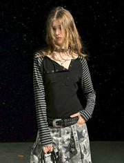 【Cest Nous】Asymmetric henley neck top / 【セヌー】ボーダースリーブ長袖Ｔシャツ