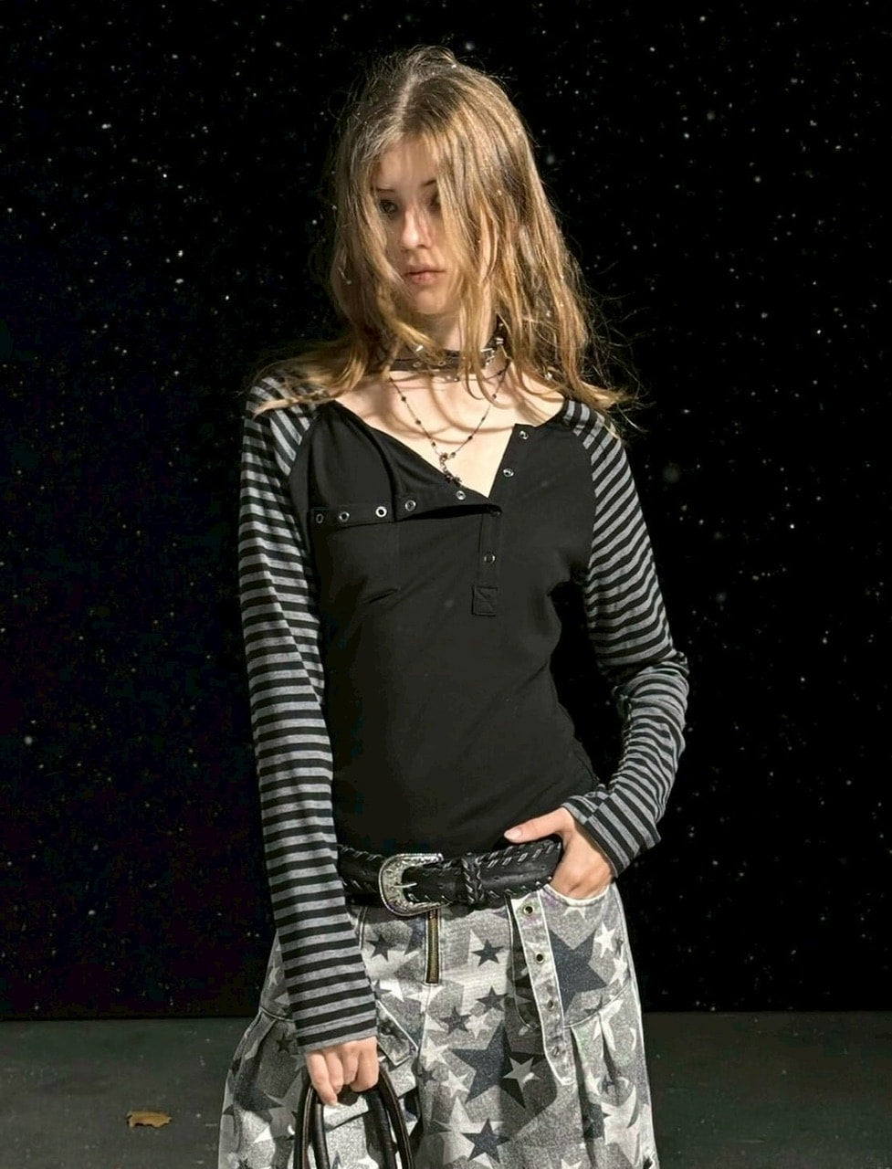 【Cest Nous】Asymmetric henley neck top / 【セヌー】ボーダースリーブ長袖Ｔシャツ