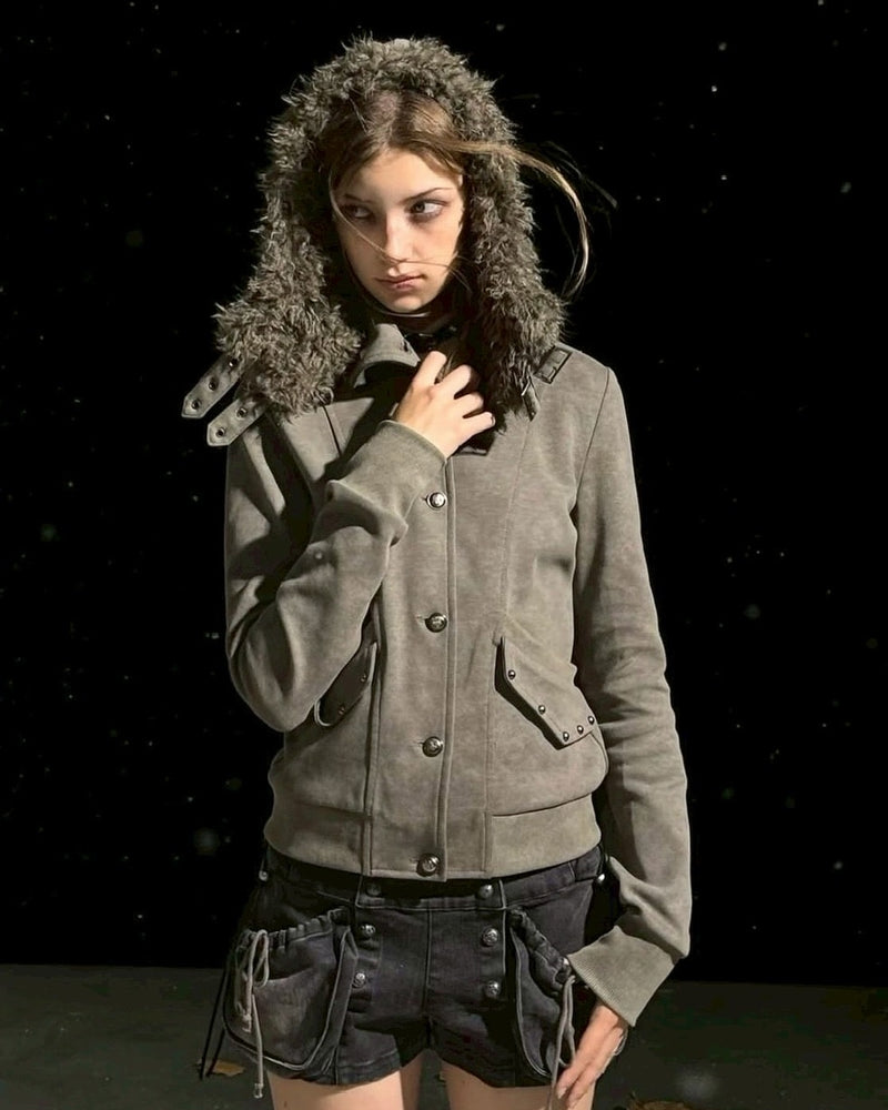 【Cest Nous】Fur-hooded button jacket / 【セヌー】ファーフードボタンジャケット