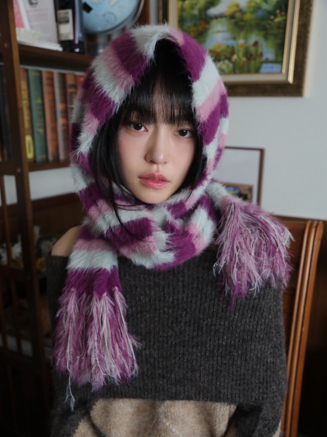 【IUGAMAKARAS】Striped Hairy Bold Muffler