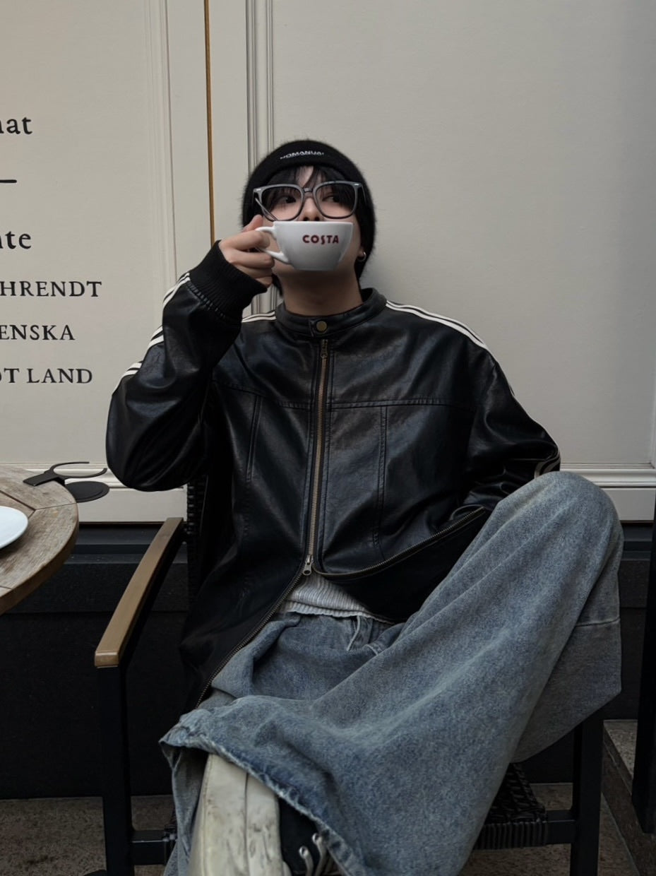 国際配送【LUV CODE】line leather jacket (2color)