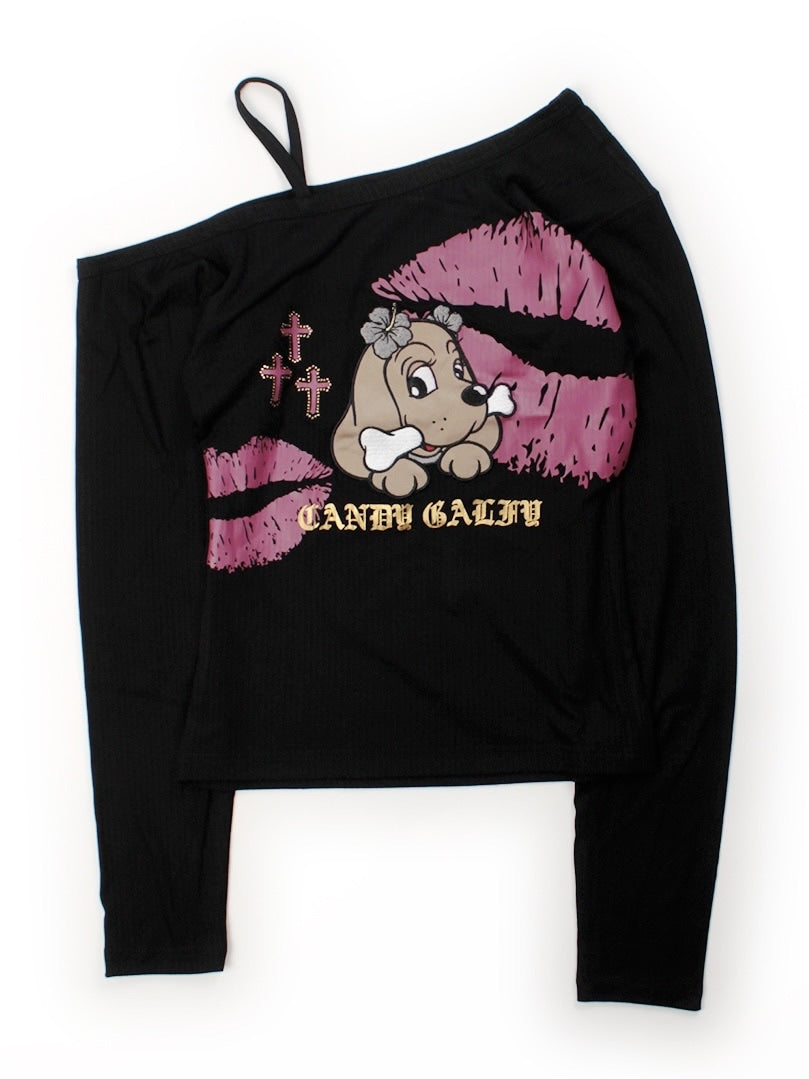 【GALFY】SEXY LIPS TEE / 【ガルフィー】ワンショルダーリッププリント長袖Tシャツ