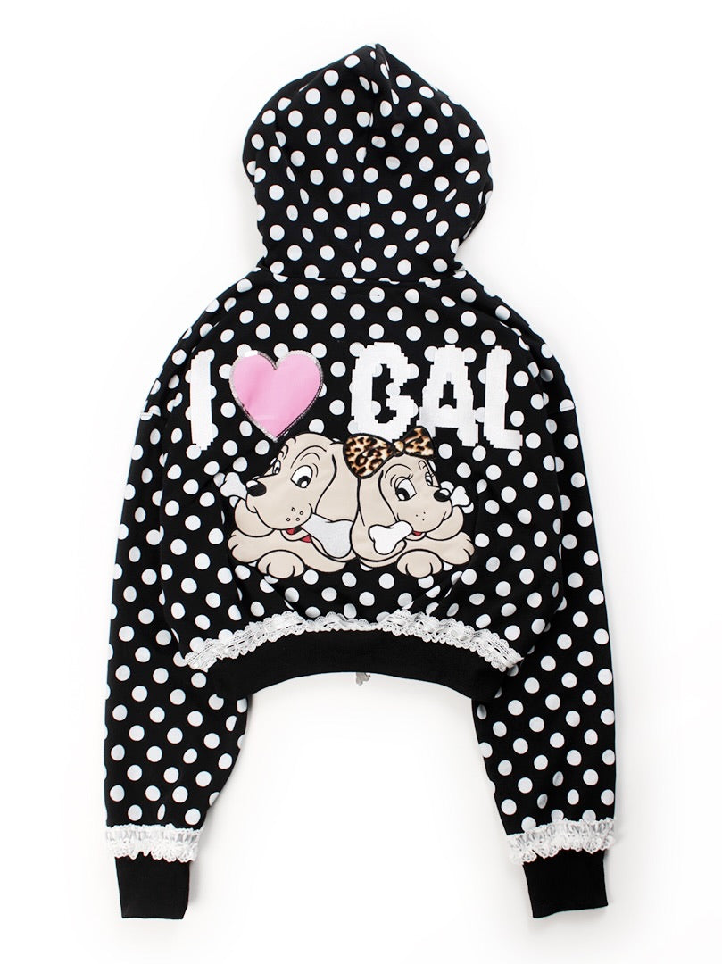 【GALFY】ポップポップI LOVE GALパーカー / 【ガルフィー】バックデザインドット耳付きジップアップパーカー