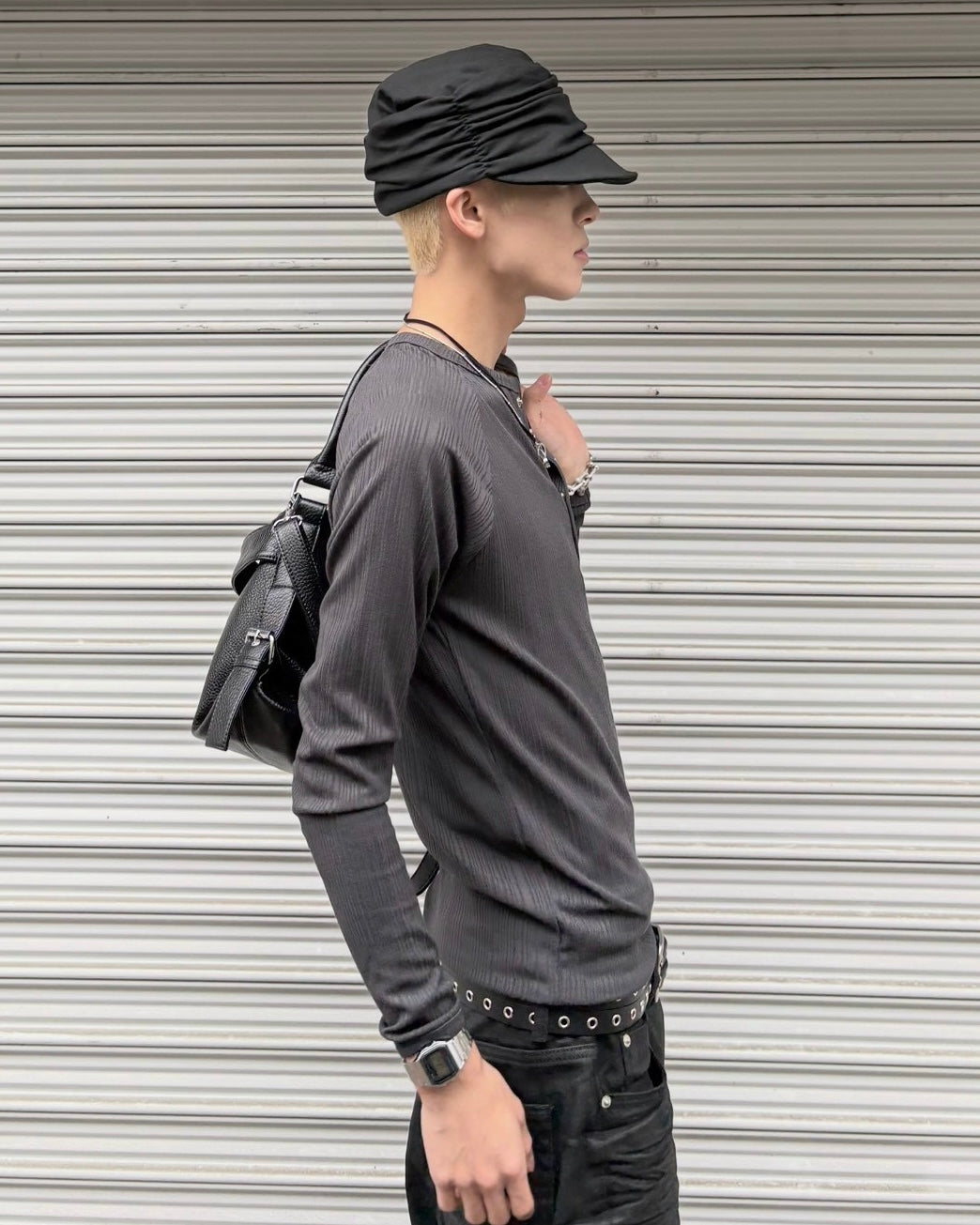 受注制【nmtc+】Snap henley neck ribbed slim top (4color)
