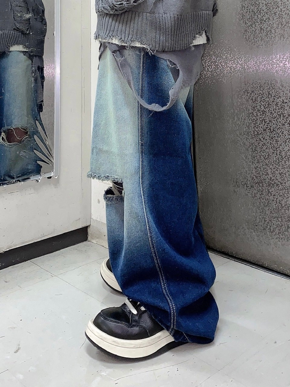 受注制【Never mind the XU】vintage wash damage denim pants (2color)