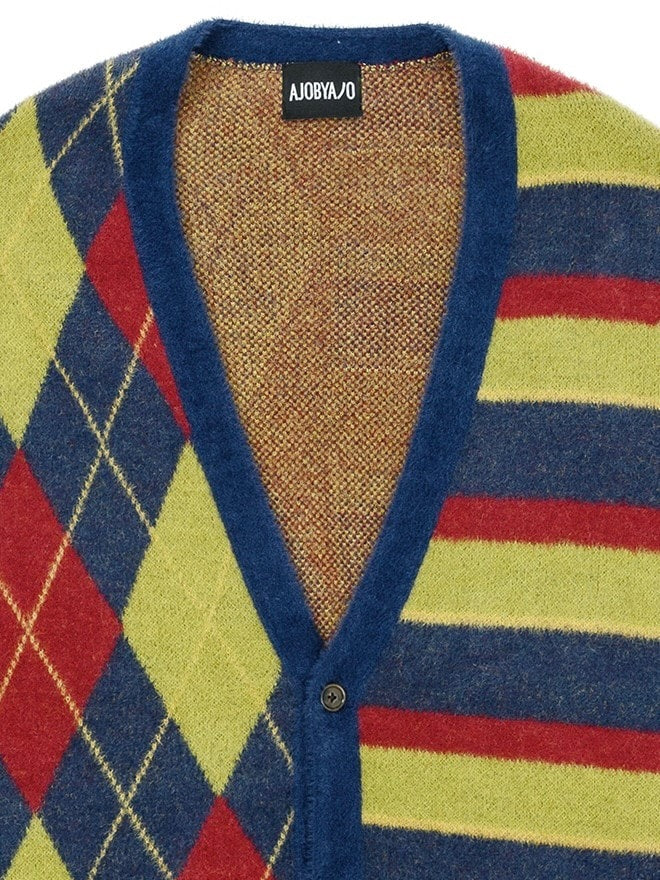 【AJOBYAJO】Argyle Stripe Mixed Cardigan / 【アジョバイアジョ】アーガイルストライプボーダーミックス長袖カーディガン