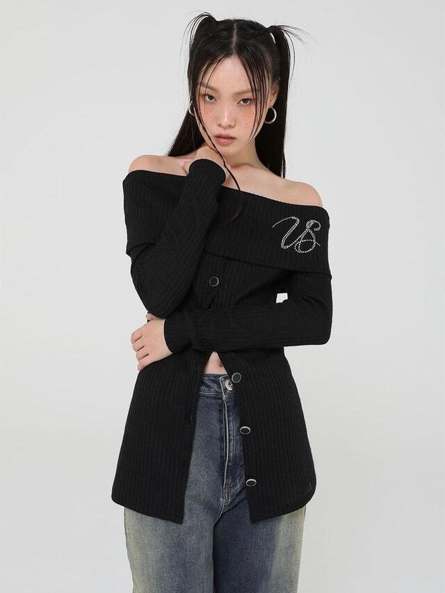 【Uglyshadow】BEAD KNIT OFF-SHOULDER / 【アグリーシャドウ】ビーズロングオフショルダー長袖カーディガン