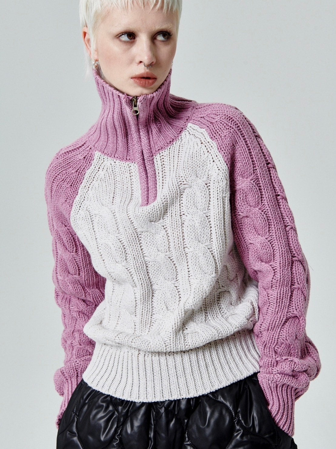 【runningHIGH】COLOR BLOCK TURTLENECK ZIP UP KNIT PULLOVER