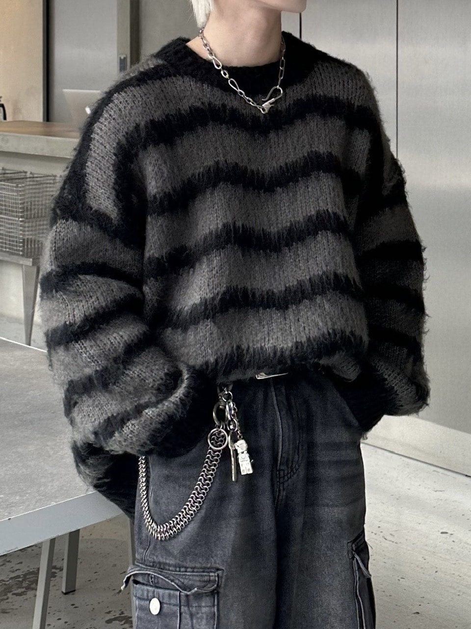 大阪店WEB限定受注制【Chikashitsu +】oversized wave border knit