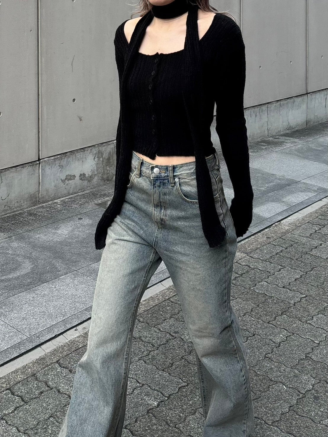 【Chikashitsu + LADIES】scarf set cropped knit tops (2color)