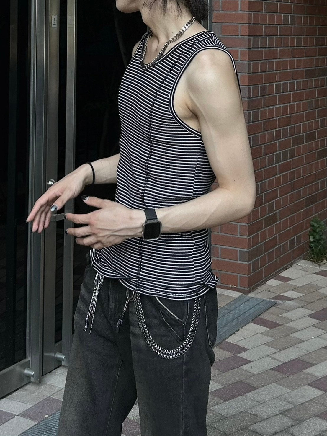 受注制【Chikashitsu +】border stitch rib sleeveless (2color) / 【チカシツプラス】ボーダーステッチリブタンクトップ