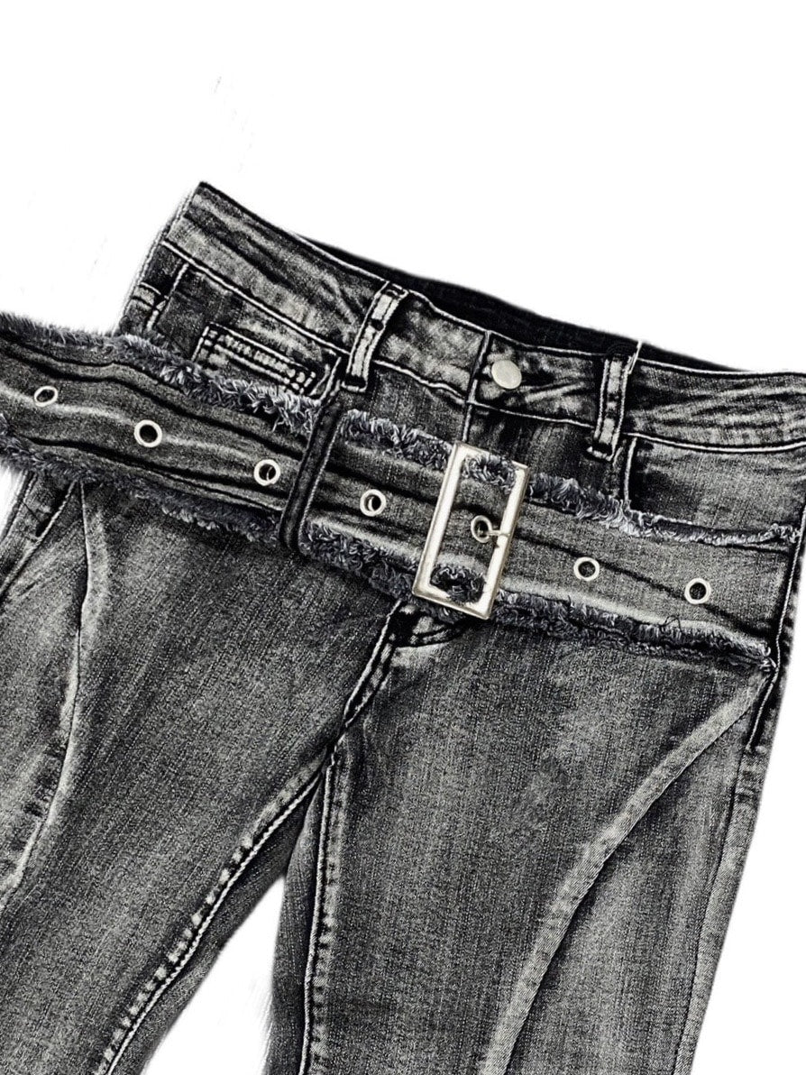 国際配送【Never mind the XU】belt flare denim pants 2 (2color)