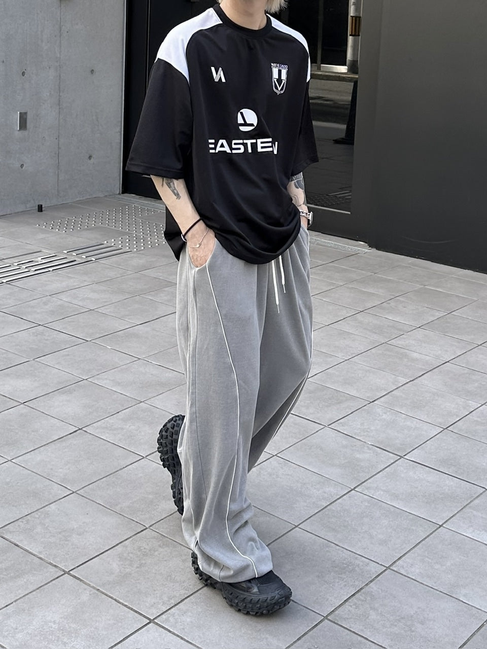 大阪店WEB限定受注制【Chikashitsu +】pigment piping wide sweat pants (2color)