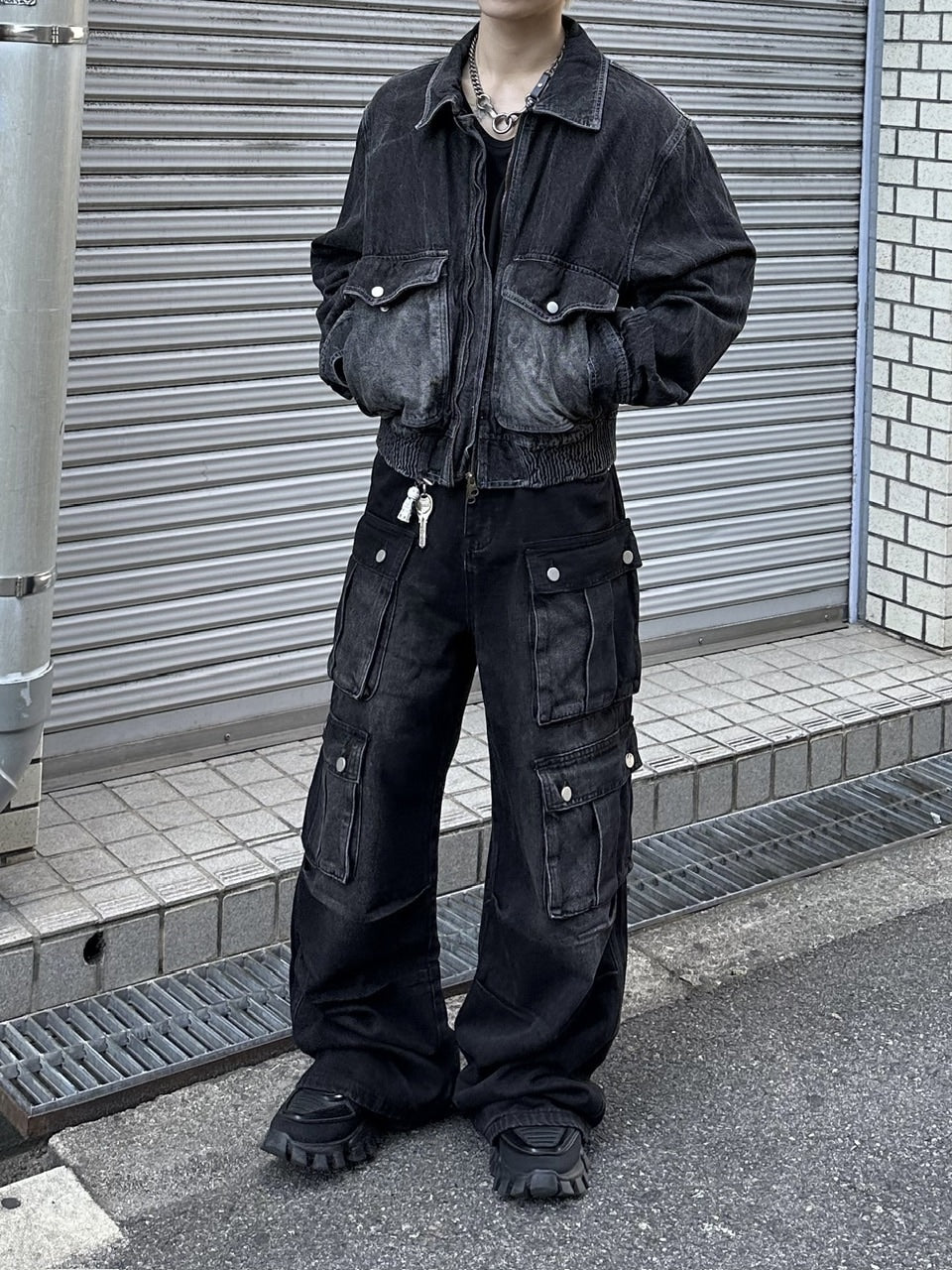 大阪店WEB限定受注制【Chikashitsu +】vintage wash cropped denim jacket (black)