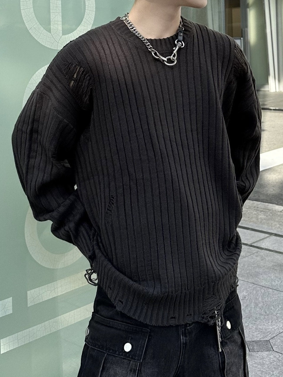 大阪店WEB限定【Chikashitsu +】overfit damage knit (3color)