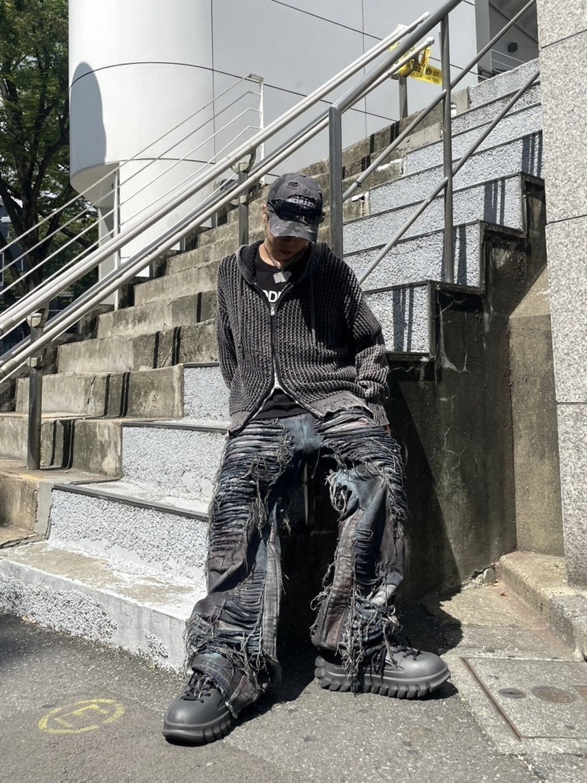 受注制【Never mind the XU】mesh zip damage hoodie (2color) / 【ネバーマインド ザ エックスユー】メッシュダメージジップアップ長袖パーカー