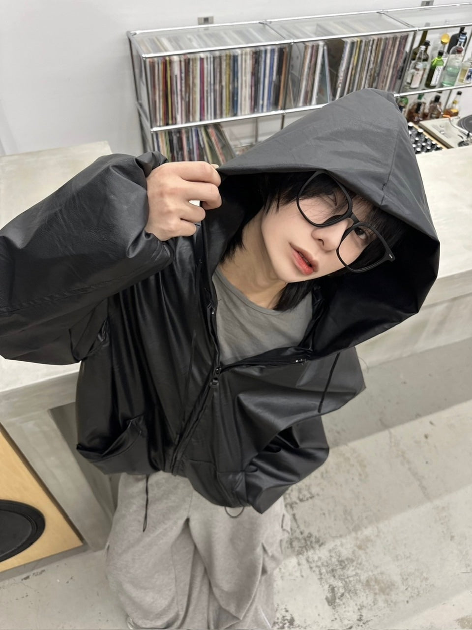 国際配送【LUV CODE】leather hooded jacket