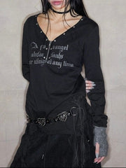 【NOT KNOWING】STUD V-NECK RUFFLE TOP / 【ノットノーイング】スタッヅＶネックラッフル長袖Ｔシャツ