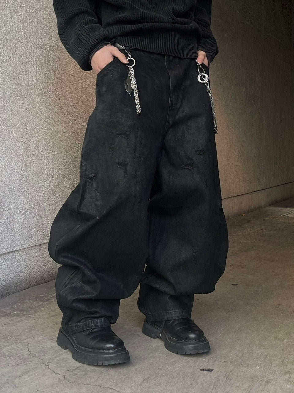 受注制【Chikashitsu +】coating damage wide denim pants / 【チカシツプラス】コーティングダメージワイドデニムパンツ