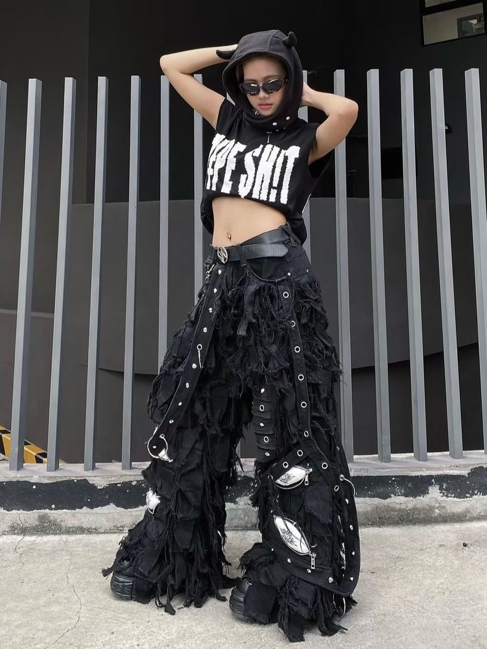 【UNIZ】BLACK MONSTER PANTS / 【ユニズ】ブラックモンスターダメージワイドデニムパンツ