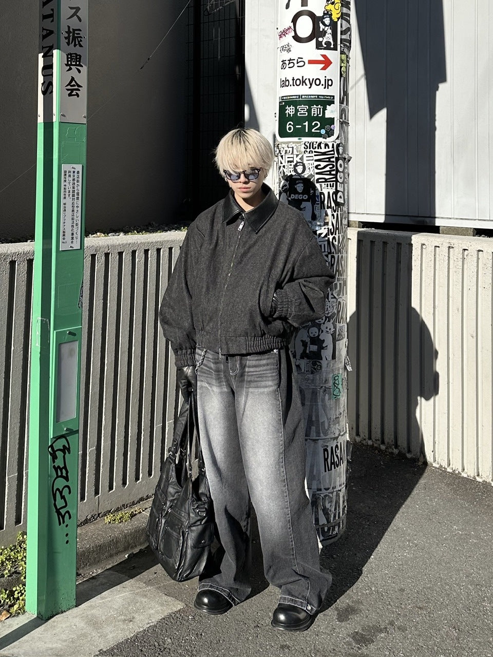 大阪店WEB限定【Chikashitsu +】cropped leather collar denim jacket