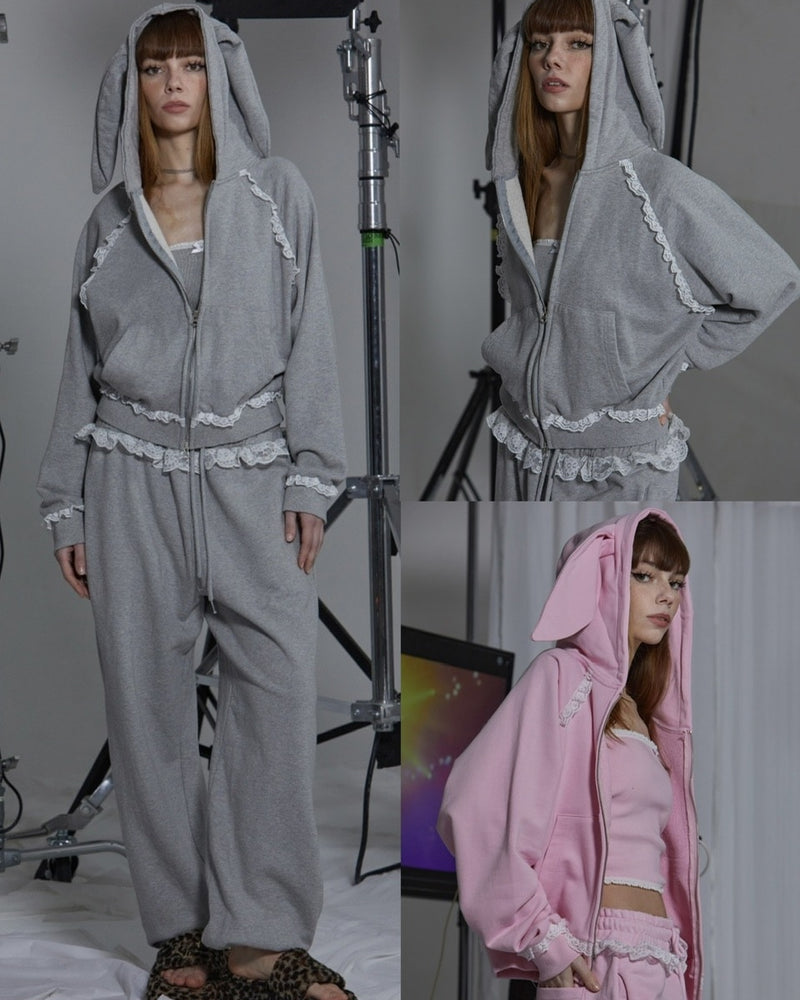 【GATELESS】RABBIT FRILL ZIP-UP HOODIE