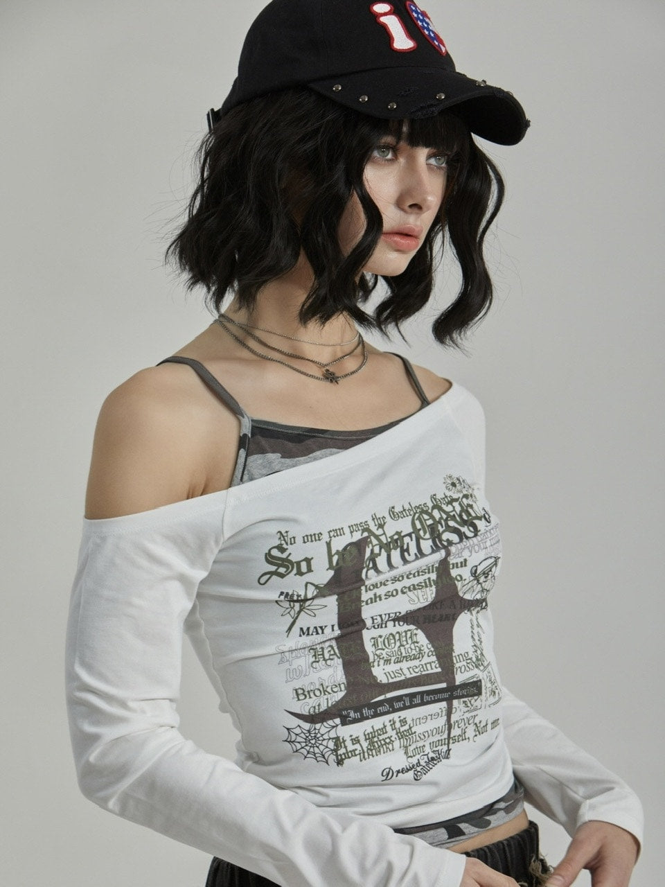 【GATELESS】CAMOUFLAGE LAYERED ONE SHOULDER T-SHIRT