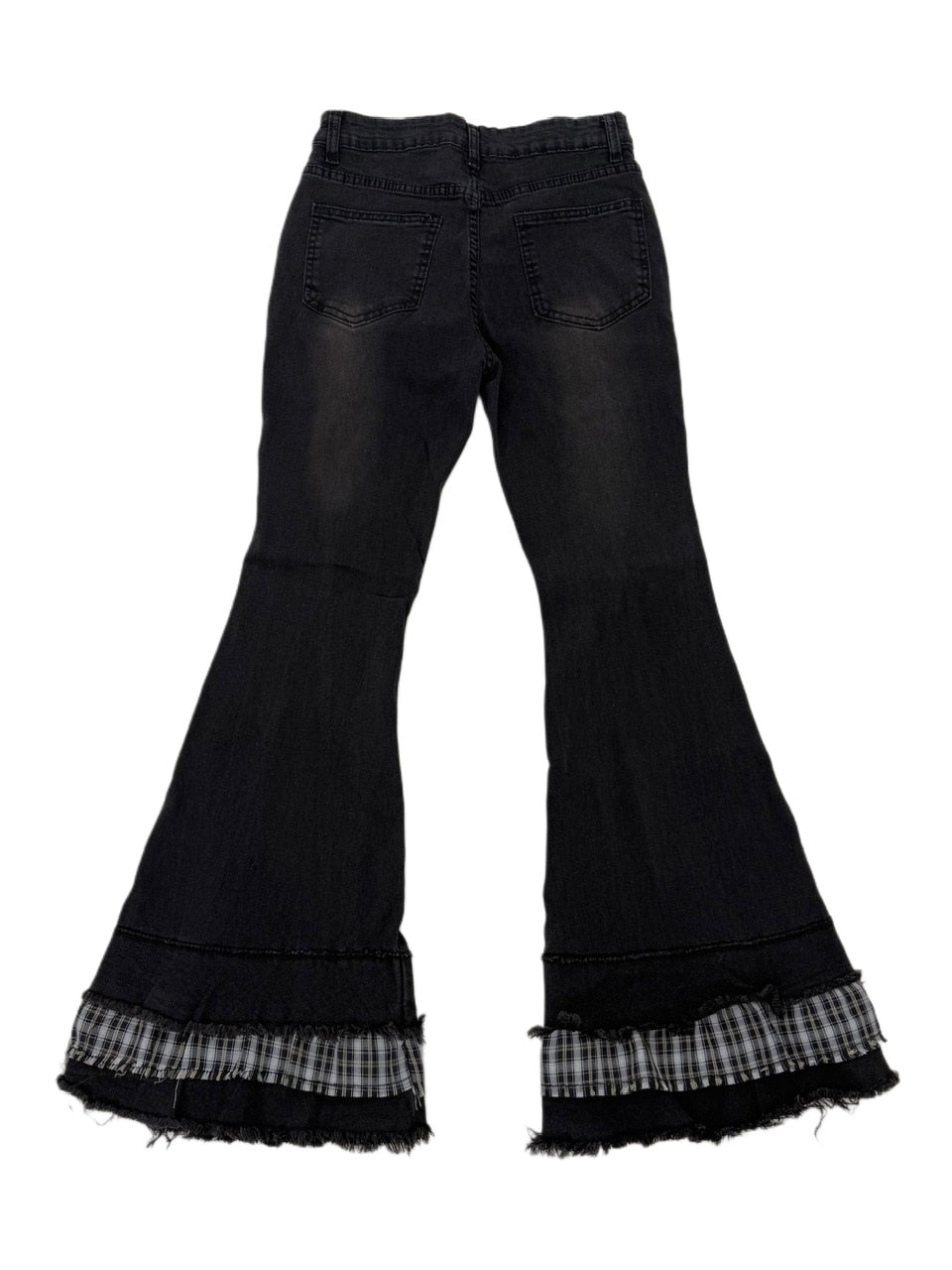 国際配送【Nerd out XU】check frill hem flare denim pants