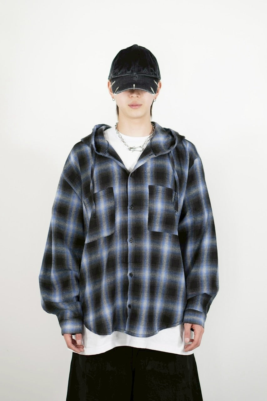 受注制【Chikashitsu +】tartan check hooded shirt (3color) / 【チカシツプラス】タータンチェックフード付き長袖シャツ