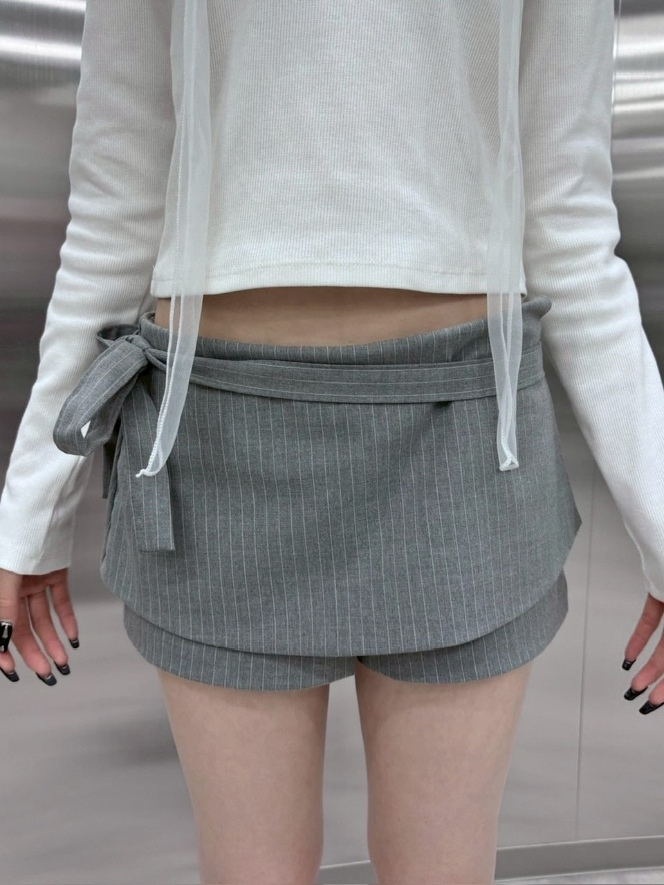 受注制【nmtc +】stripe rap pants (3color) / 【エヌエムティーシープラス】ストライプボーダーラップスカートパンツ