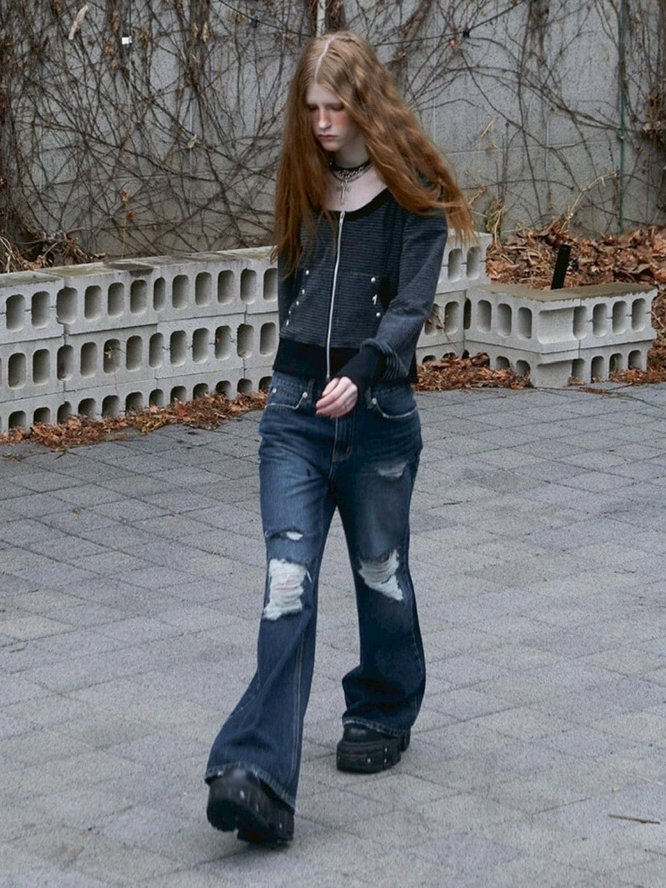 【NOT KNOWING】U Neck Stripe Hood Zip Up