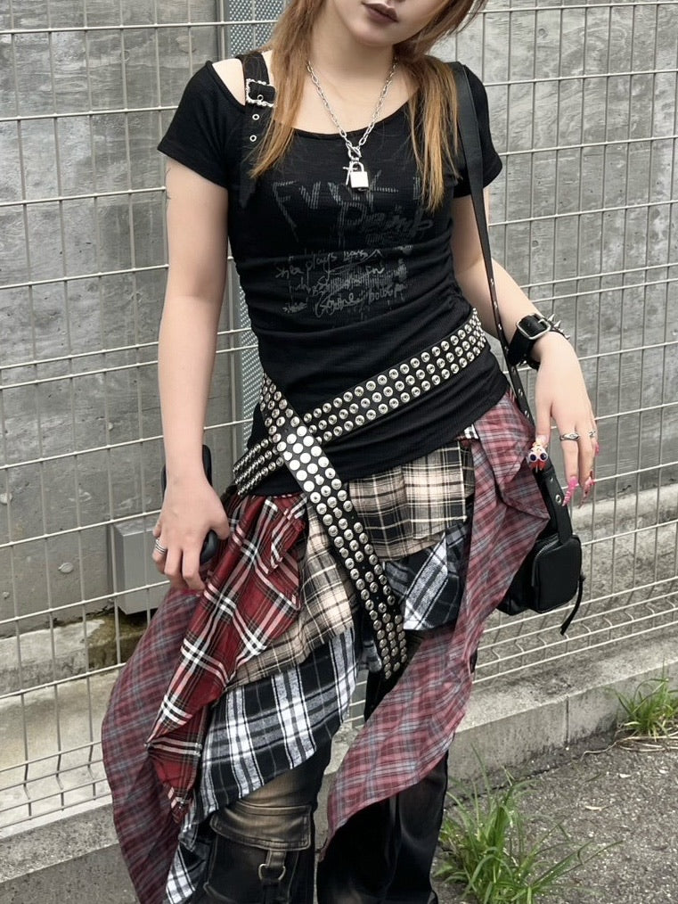 受注制【Never mind the XU】one shoulder punk tops (3color) / 【ネバーマインドザエックスユー】ワンショルダーパンクプリント半袖トップス