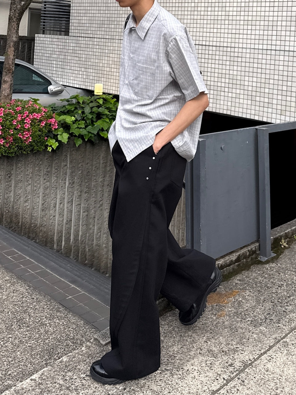 東京店WEB限定受注制【Chikashitsu +】Open collar check shirt (2color)