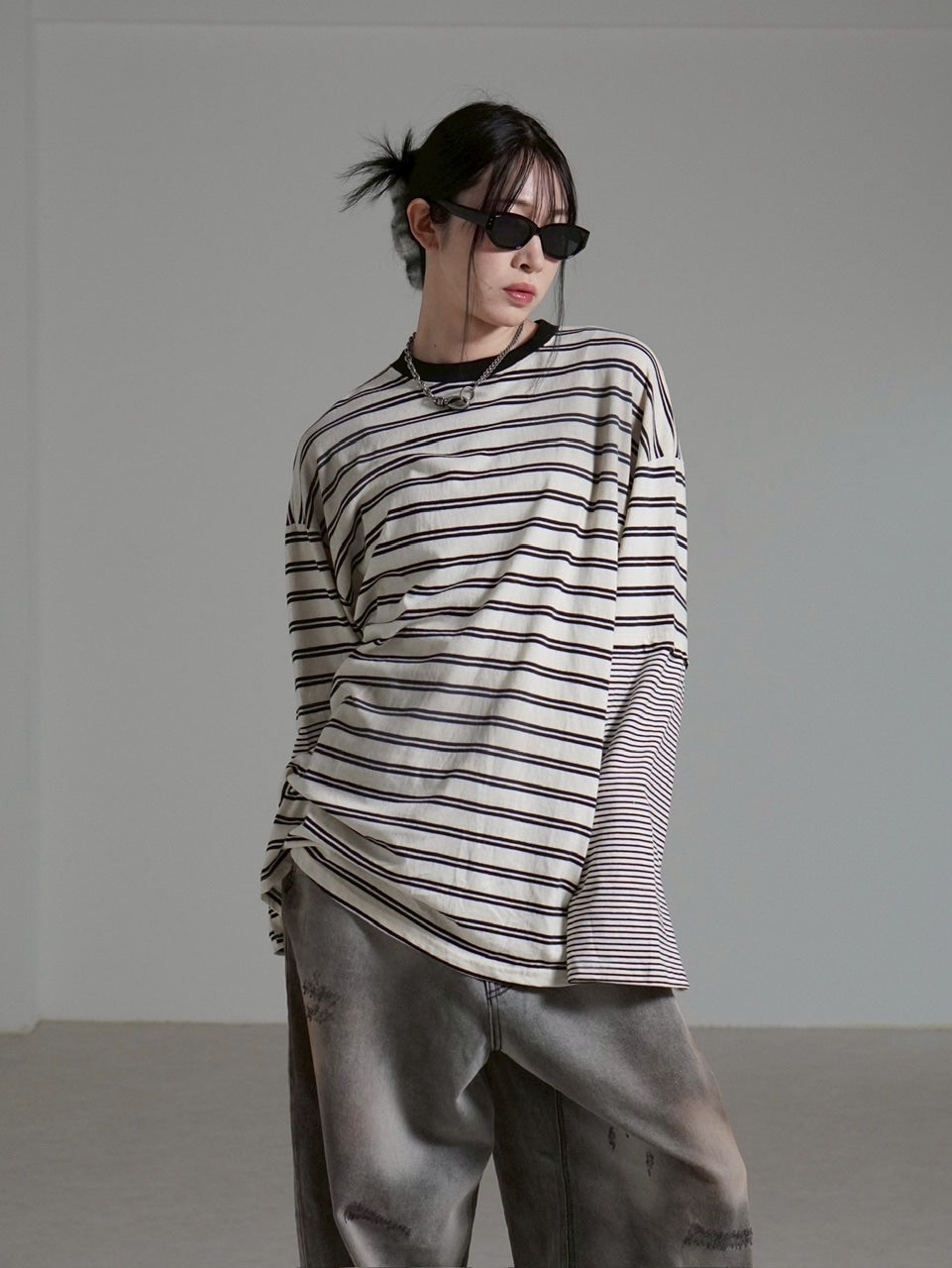 【Chikashitsu +】oversized layered border washed long sleeve / 【チカシツプラス】オーバーサイズウォッシュドレイヤードボーダー長袖Tシャツ(2color)