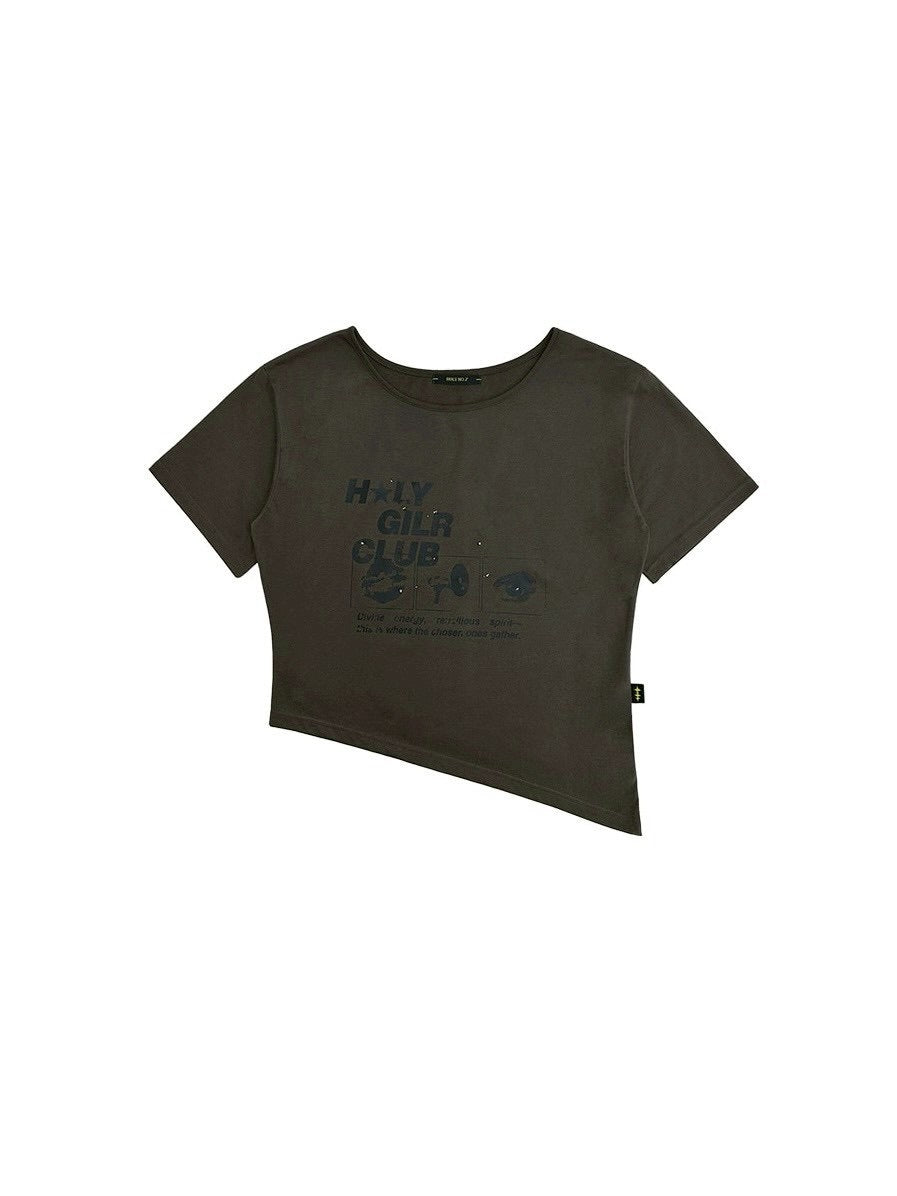 【HOLY NUMBER 7】OFF-SHOULDER HOLY GIRL CLUB GRAPHICS SHORT-SLEEVED T-SHIRT/ 【ホーリーナンバーセブン】オフショルダープリント半袖Tシャツ
