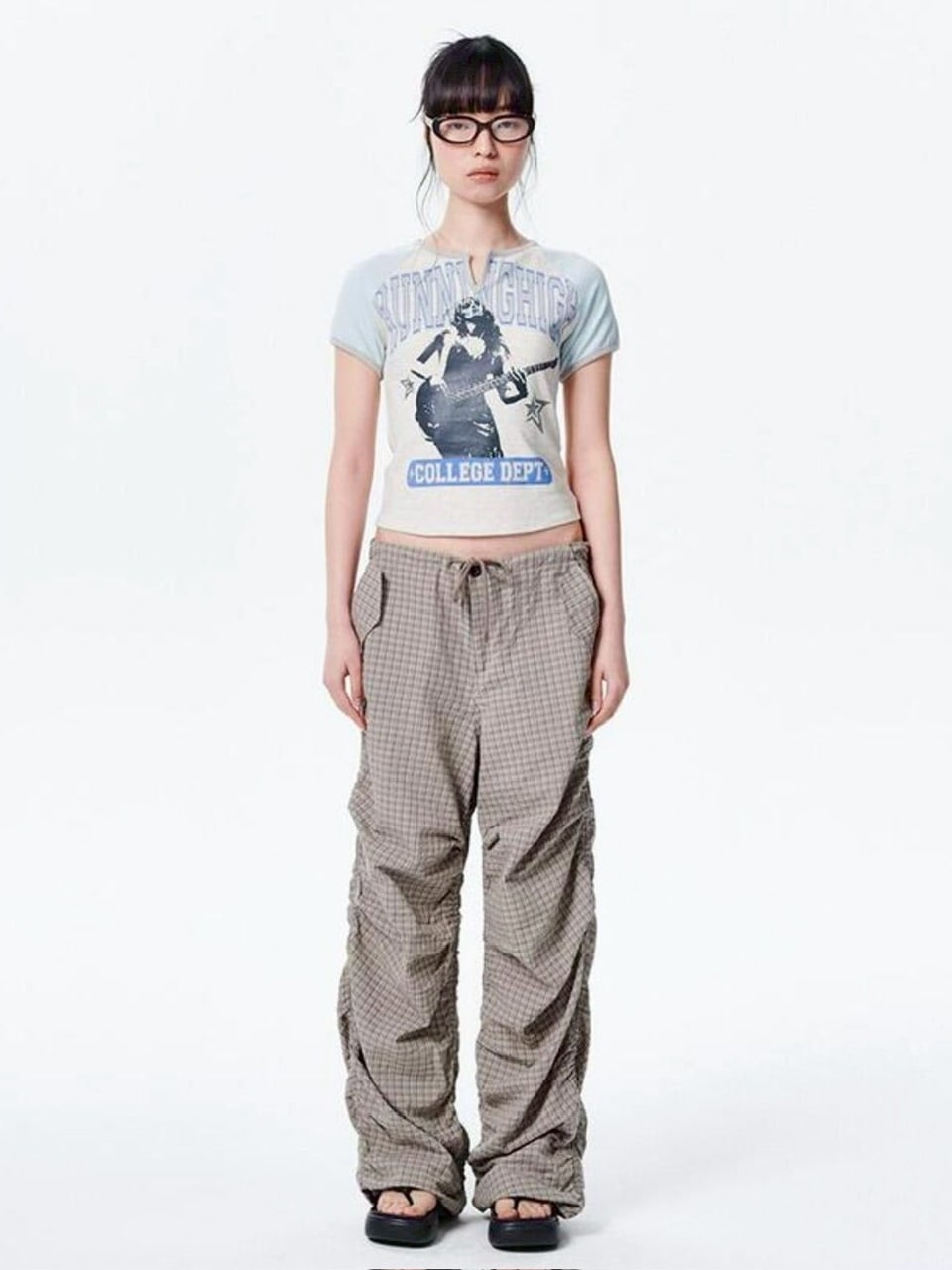 【runningHIGH】CHECK SHIRRING PARACHUTE PANTS