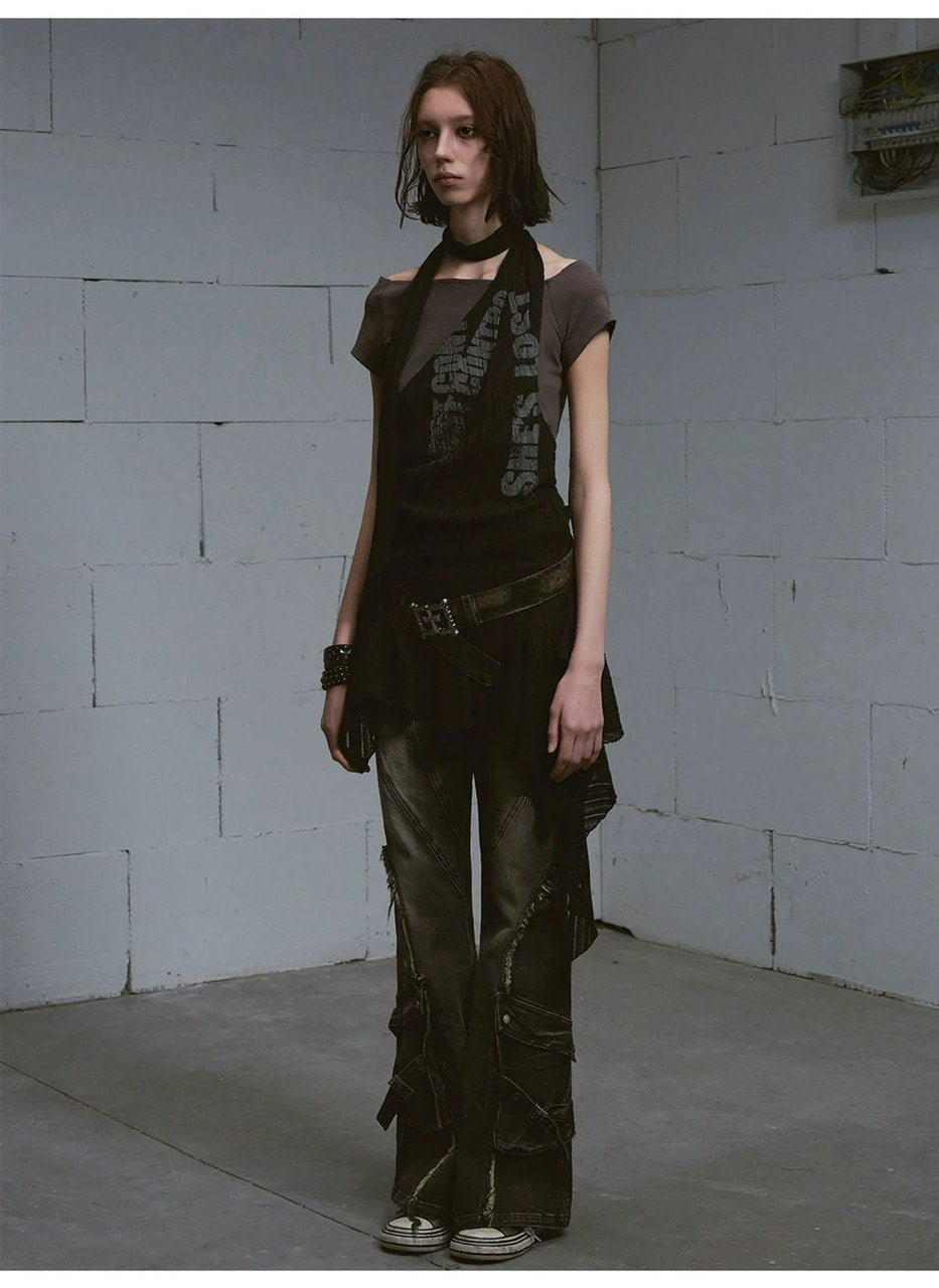 【Cest Nous】Black and Gray Short-sleeved T-shirts / 【セヌー】クロップ半袖Tシャツシアーチュニックレイヤードトップス