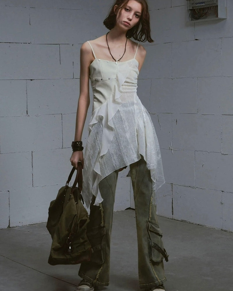 【Cest Nous】Leather lace camisole dress / 【セヌー】レザーレースシアーキャミワンピース